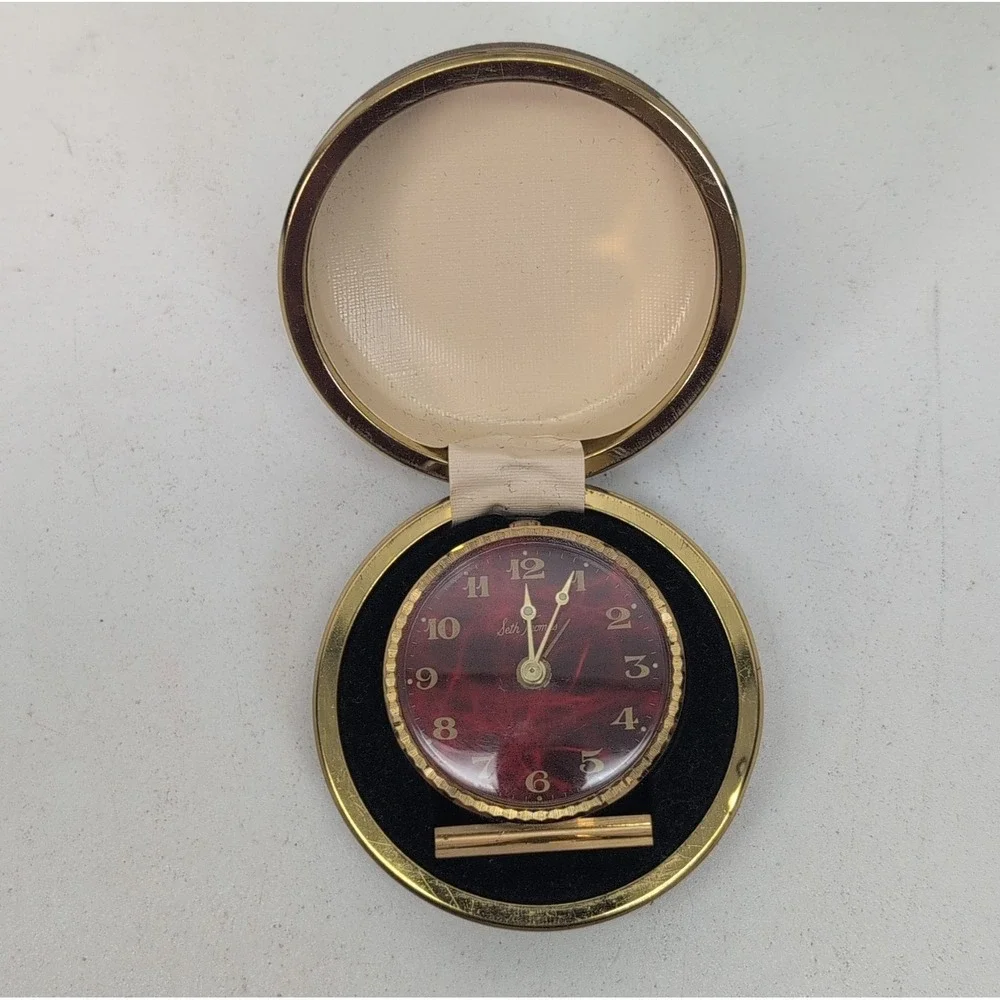 Seth Thomas Wind‎ Up Travel Alarm Clock Folding Case Vintage Gold Tone